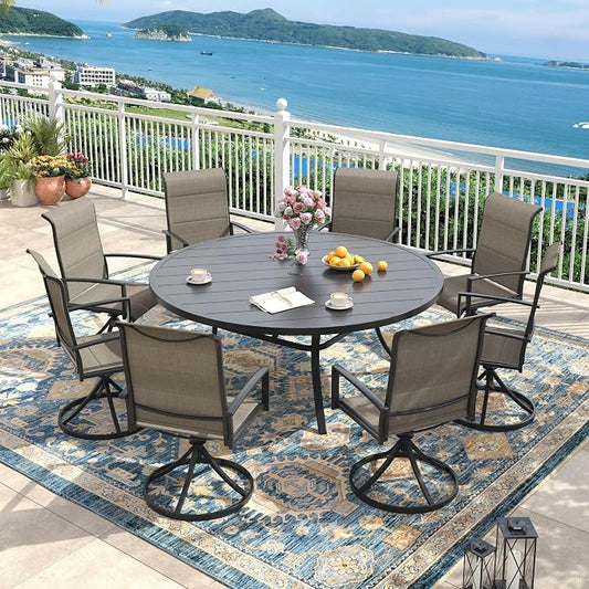 Outdoor Dining Set for 8, 60" Outdoor Dining Table with Umbrella Hole and Padded Textilene Patio Swivel Chairs, 9 Pieces Patio Table and Chairs Set for Garden Backyard, Mixed Brown and Black