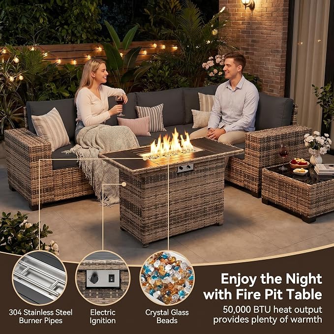 UDPATIO Patio Furniture Set with Fire Pit Table, L-Shaped 8" Armrest Sectional Set, All-Weather PE Rattan Conversation Furniture w ‌Thick Cushions, Coffee Table for Outdoor Backyard Porch Black