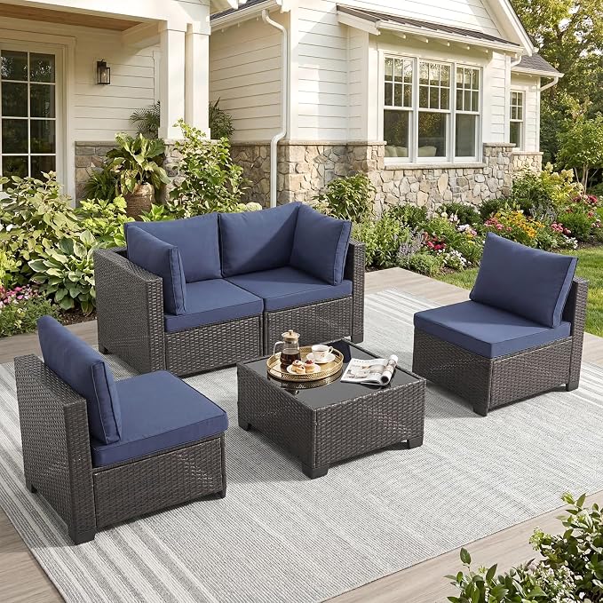 ANJ 5 Piece Outdoor Wicker Patio Furniture Set, Modular Loveseat Sofa with with Glass Top Coffee Table, All-Weather Rattan Conversation Couch Set for Balcony, Backyard, Dark Brown Wicker-Blue