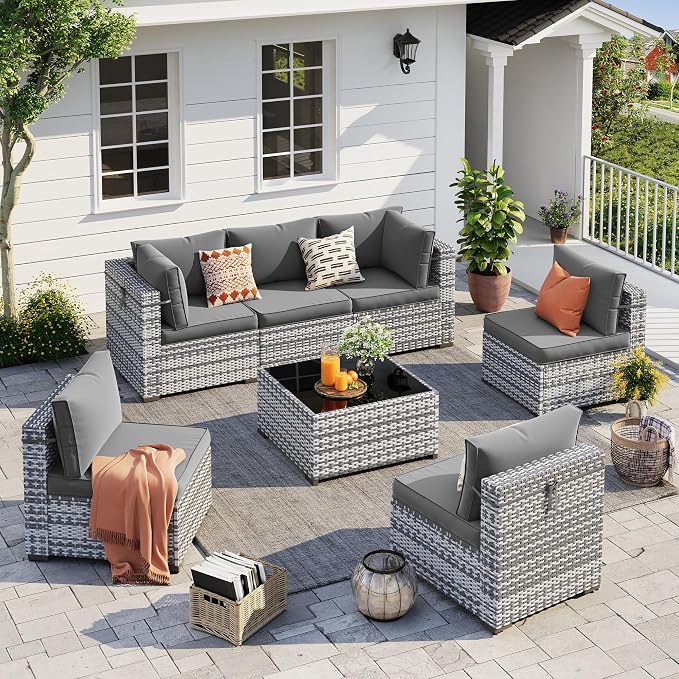UDPATIO Outdoor Patio Furniture Set, 7 Pcs PE Wicker Sectional Sofa with Tea Table, Outdoor Conversation Set with Waterproof Cover for Patio, Garden, Backyard (Grey Cushions with Grey Rattan)