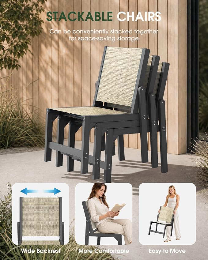 HDPE Outdoor Patio Dining Set with Table & 4 Stackable Armless Textilene Chairs, All-Weather 5-Piece Dining Table Set with Umbrella Hole, Patio Furniture for Garden, Poolside, Backyard, Deck | Grey