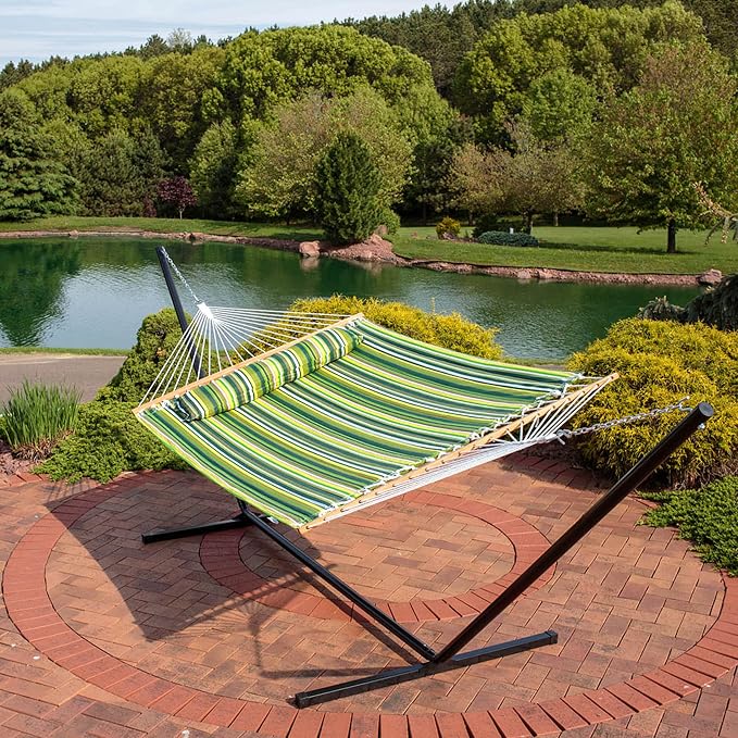 Sunnydaze Quilted Double Hammock for Outside with Spreader Bars and Pillow - 450 lb Capacity, 74x55 Inch Bed, UV Resistant, Quick Dry - Chains Included, Stand Sold Separately - Melon Stripe