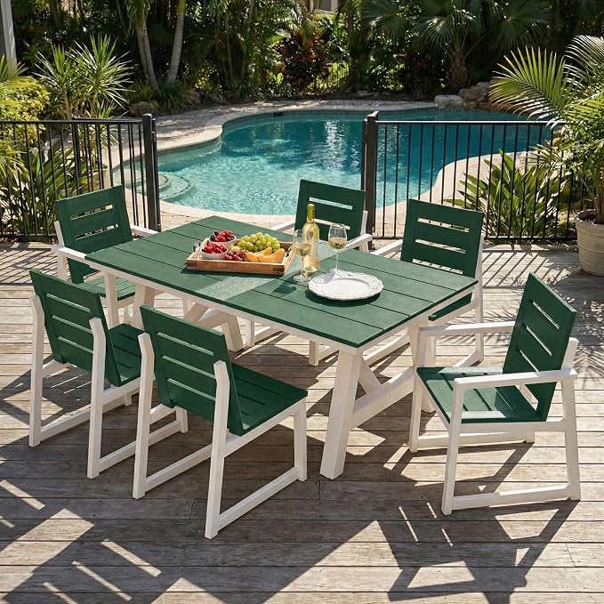 Costaelm Stinson 7-Piece Outdoor HDPE Patio Dining Table Set with Umbrella Hole & Dining Chairs for 6, Dark Green