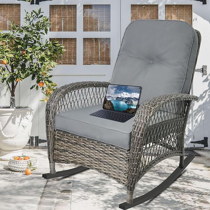 Outdoor Wicker Rocking Chair, All Weather Resin Rattan Wicker Rocking Chairs and Glass Coffee Table, for Garden Backyard Lown Porch,3pc,Grey