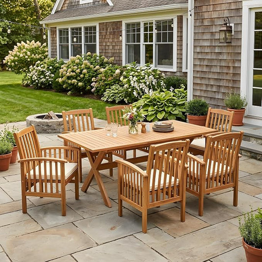 VilroCaz 7 Pieces Acacia Wood Outdoor Dining Set, All-Weather Extendable Table Large Table and 6 Armchairs for Lawn Backyard Garden Deck Poolside (Teak-)