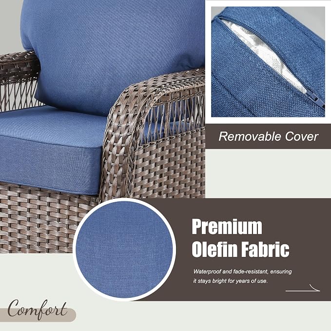 2 PCS Patio Swivel Rocking Chairs, Outdoor Wicker Furniture Set with 5-Inch Thick Olefin Cushions, 360° Swivel Rocker Patio Chairs for Garden, Porch, Backyard, Blue/Brown Wicker