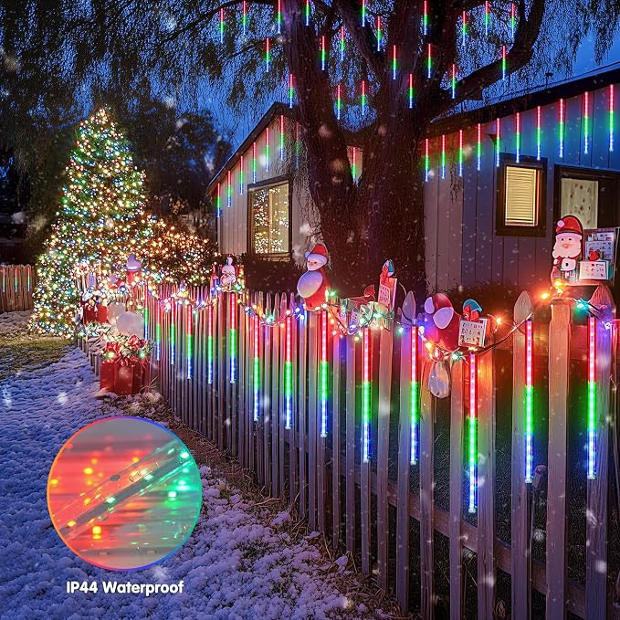 JMEXSUSS Multicolor Solar Meteor Shower Rain Lights, 8 Tube 144 LEDs | Solar Christmas Lights, Led Falling Rain Christmas Light for Xmas Tree Wedding Holiday Party Patio Decoration