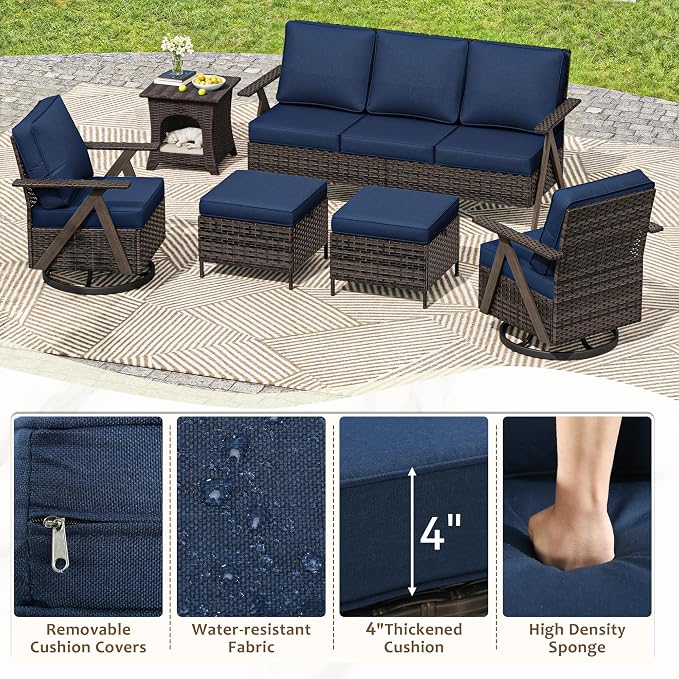 6 Piece Patio Furniture Set, Wicker Patio Conversation Set with Swivel Glider Chair and Outdoor 3-Seater Sofa and 2 Ottomans and Side Table for Deck Yard and Poolside