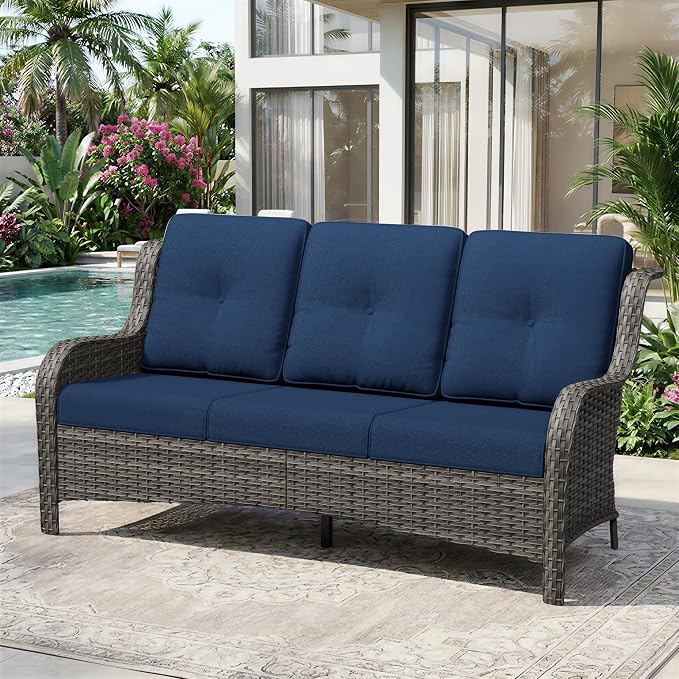 3 Seat Outdoor Couch, Wicker Patio Sofa with Thickened Olefin Cushions, High Back and Deep Seating, Hand-Woven PE Rattan for Porch, Deck, Balcony