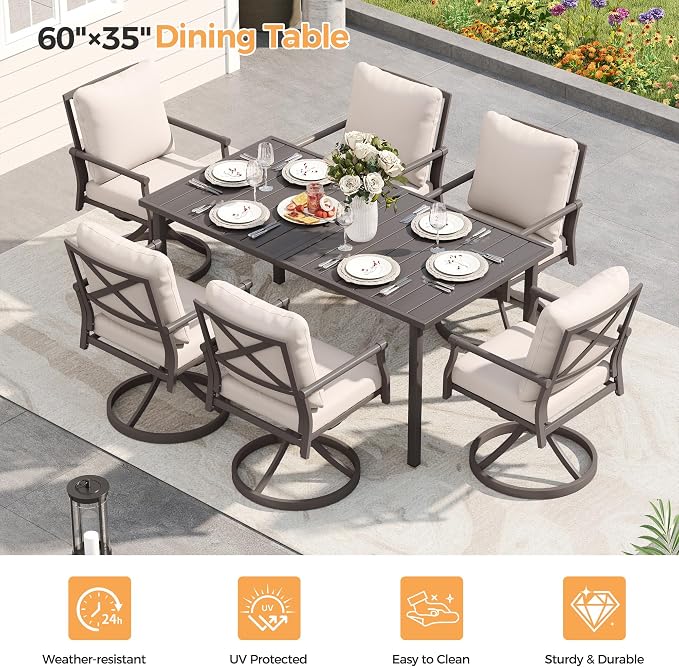 HAPPATIO Patio Dining Set, Metal Outdoor Table and Chairs Set for 6, Powder-Coated Swivel Rocking Chairs with Thickened Cushions, 60" Rectangular Table with 1.5" Umbrella Hole for Deck Backyard Lawn