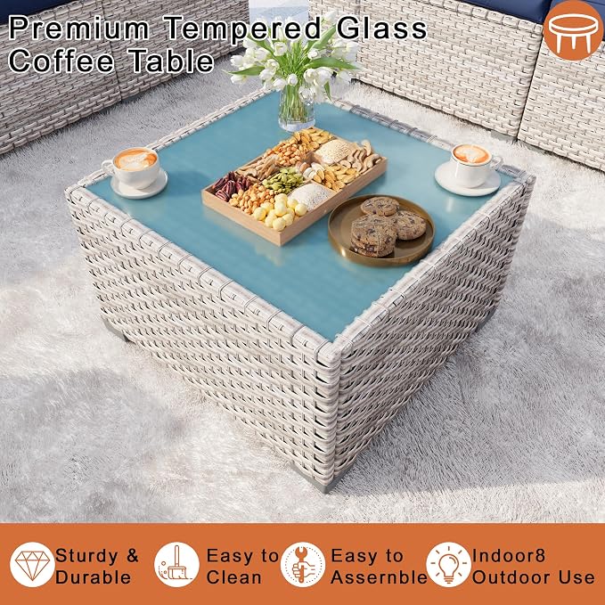 13 Pieces Patio Conversation Set, Rattan Furniture Set with Wide Armrests and Coffee Table, Outdoor Modular Sectional Couch Wicker Sofa with Fire Pit for Garden Backyard Porch Deck (Blue Cushions)