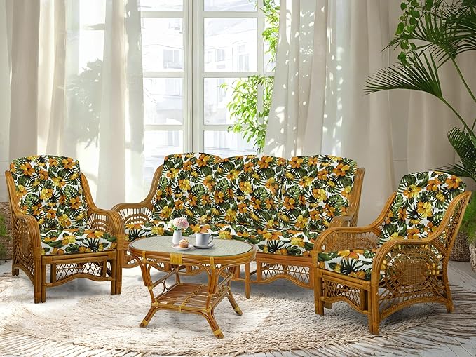 Malibu Lounge Set of 4: 2 Natural Rattan Wicker Chairs, Three-Seater Sofa with Cushions and Coffee Table with Glass Handmade, Colonial Color