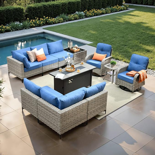 11 Pcs Patio Furniture with Fire Pit Table, Outdoor Rattan Wicker Conversation Set with Glowing Coffee Table, Comfy Sectional Sofa for Porch Balcony Backyard Pool, Light Blue