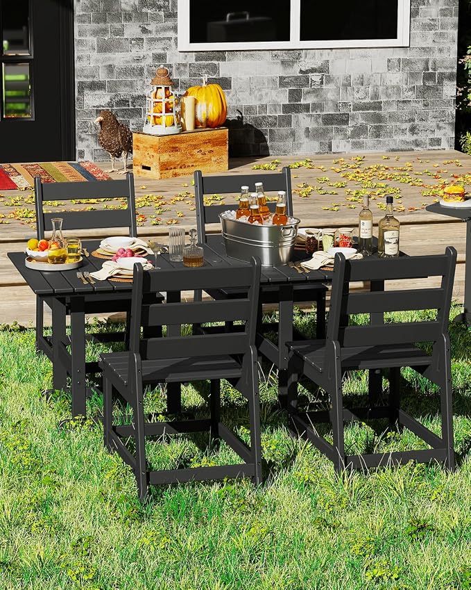 GREENVINES 5-Piece-Outdoor-Table-and-Chairs | HDPE | Patio Furniture | Slatted Dining Sets for 4 | Armless Chair | Connectable Tables | All Weather | for Backyard Poolside Garden | Black