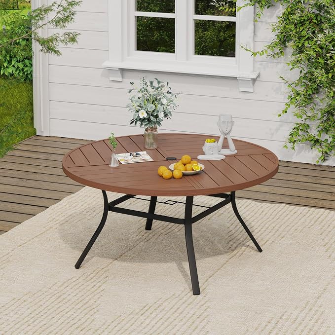 VICLLAX Round Outdoor Patio Dining Set for 8, Metal Slatted Patio Table with Umbrella Hole and 8 Stackable Patio Chairs for Deck Lawn Garden, Black Fabric and Walnut Tabletop
