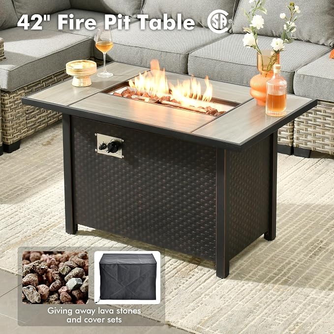 Weaxty 7 Pieces Wide Seats Outdoor Furniture Set, L Shape Sectional Couch Ottoman Fire Pit Solar Table, Thick Cushion All-Weather Rattan Patio Conversation Sets for Backyard Porch Deck, Dark Gray