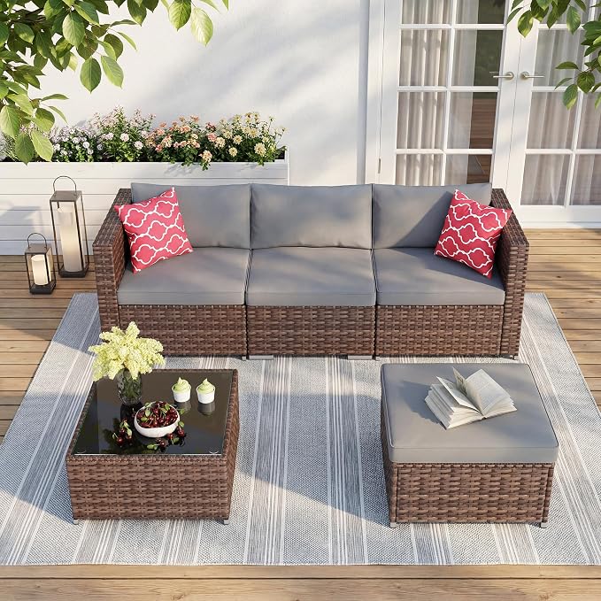 Ahomly 5 Piece Outdoor Patio Furniture Set, PE Wicker Rattan Sectional Sofa with Cushions and Glass Coffee Table, Outdoor Furniture Set for Garden Yard Porch, Grey