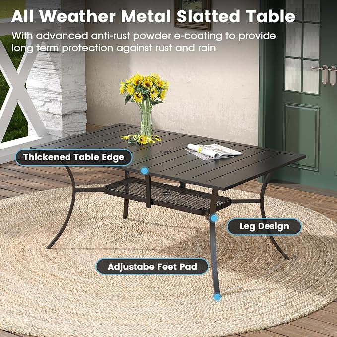 DIFY 7 Pieces Patio Dining Set for 6, Patio Furniture Includes Blue Stackable Sling Outdoor Chairs and 59.2" Rectangle Metal Black Table