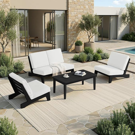 Pia Ricoo 4 Piece Patio Furniture Sets, Outdoor Loveseat Sofa Set with 2 Chairs & Coffee Table, Patio Conversation Set for Backyard, Deck, Lawn, Beige, Dark Wood