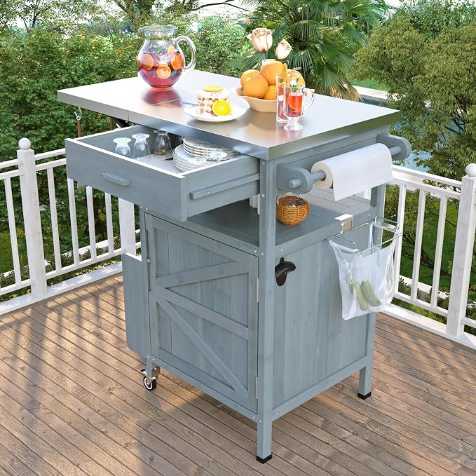 Solid Wood Outdoor Small Grill Table Kitchen Island with Stainless Steel Drop Leaf, Farmhouse Serving Cart with Drawer and Wheels, Outdoor Bar Table for Patio, Lawn Garden, Kitchen, Grey Blue