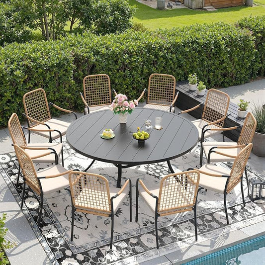 DIFY 11 Pieces Outdoor Dining Set for 10, 60" Round Dining Table with Umbrella Hole & Wicker Stackable Patio Chairs with Cushions, Metal Patio Table and Chairs Set for Backyard Porch Garden, Black