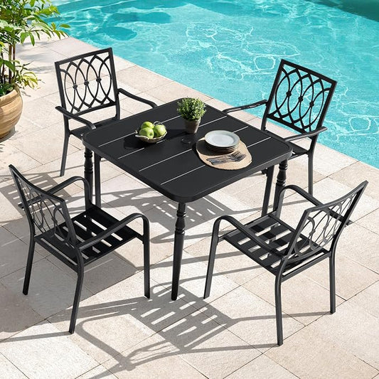 NUU GARDEN 5 Piece Outdoor Dining Set, 4 Slatted Stackable Chairs and 37 Inch Square Metal Table with Umbrella Hole, All-Weather Powder-Coated Iron for Garden, Patio, Backyard, Deck, Black
