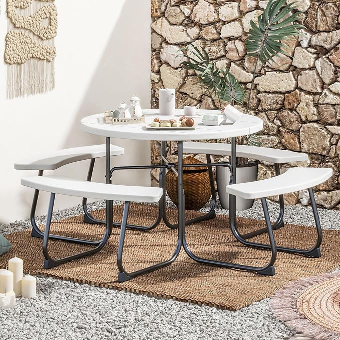 Moccha Picnic Table Bench Set - Outdoor Table and Chairs with Umbrella Hole, HDPE Tabletop & Metal Frame, Dining Table Set, Outdoor Camping Table for Garden Backyard Porch Patio Table Set (White)