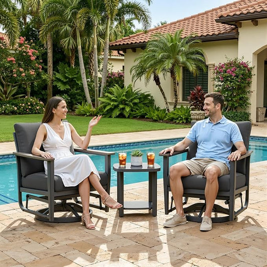 Aluminum Patio Swivel Rocking Chair Outdoor Bistro Set, 3PCS Patio Conversation Set Outdoor Patio Furniture Set with High Backrest & Thickened Cushions for Garden, Deck and Balcony, Dark Grey