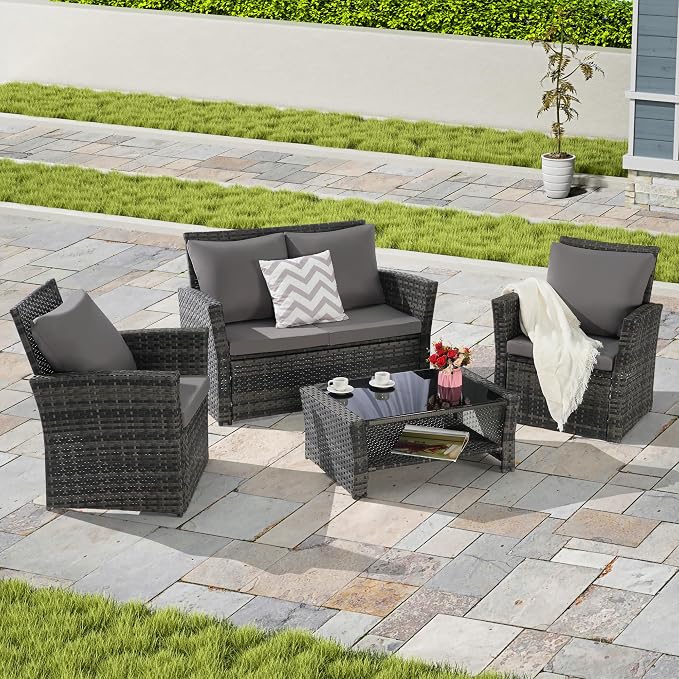 Patio Furniture Set 4 Pieces of Outdoor Furniture, Wicker Conversation Sectional Sofa Set Patio Table and Chairs with Cushion and Glass Table for Patio Backyard Lawn