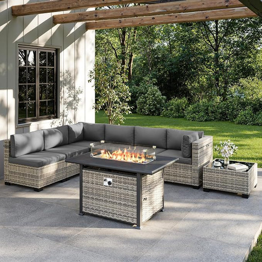 8-Piece Outdoor Patio Furniture Set with 55,000 BTU Fire Pit Table, PE Wicker Rattan Sectional Sofa Conversation Set - All-Weather Garden, Backyard Furniture, Grey