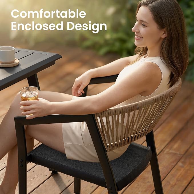 9-Piece Aluminum Patio Dining Set with 8 Stackable Wicker Chairs | 83" Rectangular Outdoor Table with Barrel Brown Chairs Weather Resistant Furniture for Backyard, Deck, Poolside