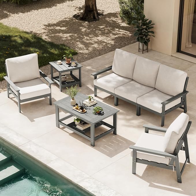 Ciokea Modular Patio Furniture Set with Thicked Cushions, 7Pcs All-Weather Outdoor Conversation Set with Coffee Table & Side Table, Modern Sectional Sofa Set for Deck (Grey Frame/Beige Cushions)