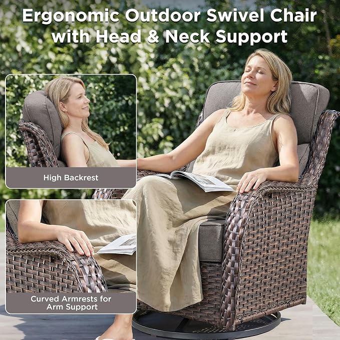 Luxury Outdoor Swivel Rocker Patio Chairs-3 Piece Wicker Patio Rocking Chairs Set of 2 with Glass Side Table 6" Thick Cushions High Back Outdoor Furniture Sets for Deck Porch Balcony(Brown/Grey)