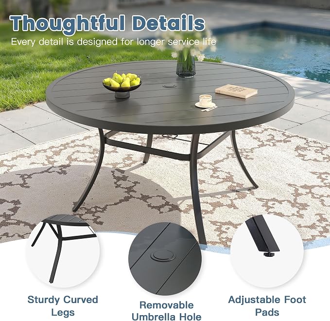 DIFY Patio Round Dining Table, 53" All Weather Round Outdoor Table with 1.57" Umbrella Hole for 8 Person, Perfect for Yard, Balcony and Lawn, Black Tabletop