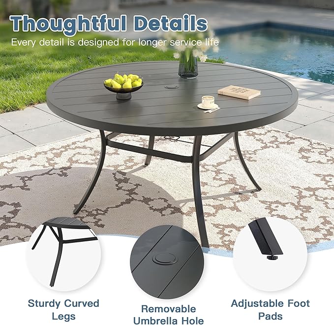 DIFY Outdoor Dining Set for 8, Patio Dining Furniture Set Includes 53" Black Round Table with Adjustable Umbrella Hole and 8 Blue Stackable Metal Chairs for Poolside, Garden, Backyard