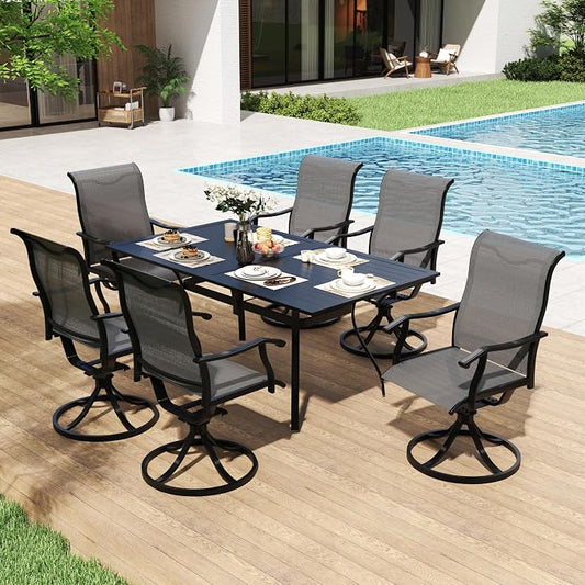 LVUYOYO 7-Piece Outdoor Patio Dining Set, Textilene Swivel Chairs & Rectangular Table Set, All-Weather Table and Chairs Set with Umbrella Hole for Backyard, Garden,Balcony,Porch (Gray)
