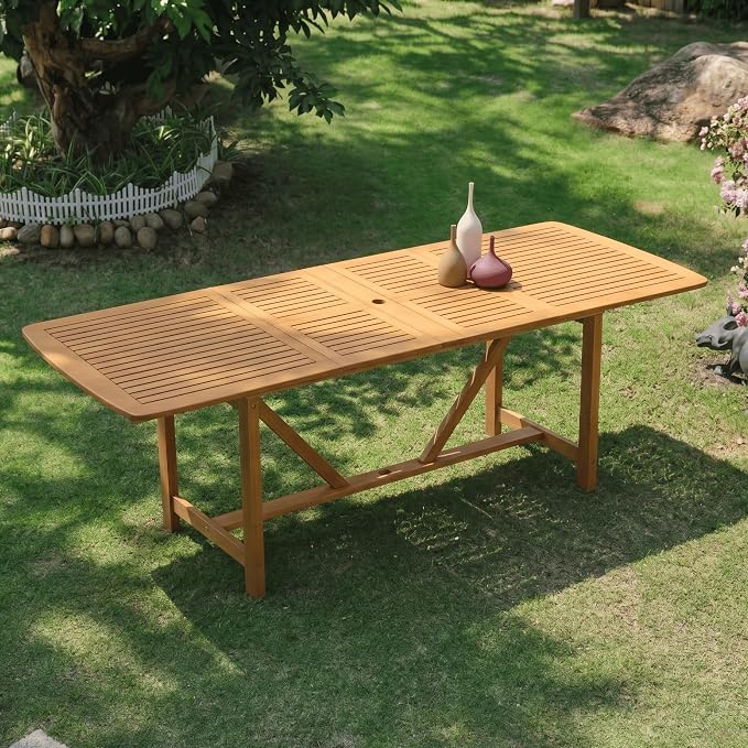 NTC Flexa Extendable Outdoor Dining Table, 63"–94.5" Solid Wood Patio Table for Patio Dining Sets with Umbrella Hole, Seats 6–10, Weather Resistant, Easy Assembly, Natural