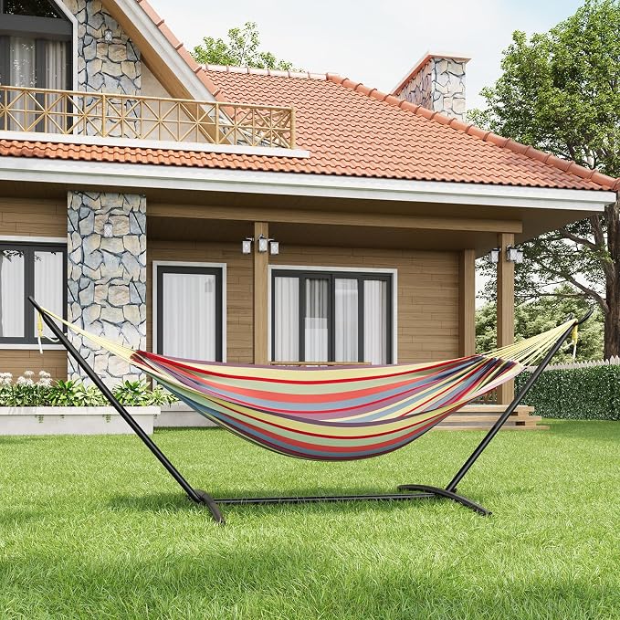 Double Hammock with Space-Saving Steel Stand - 2 Person Portable Heavy Duty Hammock with Carrying Bag for Outdoors & Indoors, Easy Assembly, 350 lbs Capacity, Yellow Rainbow Stripes