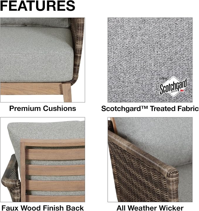 4-Piece Wicker Steel Outdoor Conversation Set, Patio Furniture Set with Coffee Table and Removable Grey Cushions, Modern Sectional Sofa for Backyard, Garden & Lawn
