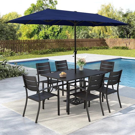 MFSTUDIO Outdoor Dining Set with Umbrella, Metal Patio Dining Set for 6 Persons, Patio Furniture Set with Navy Blue Umbrella (Base not Included)