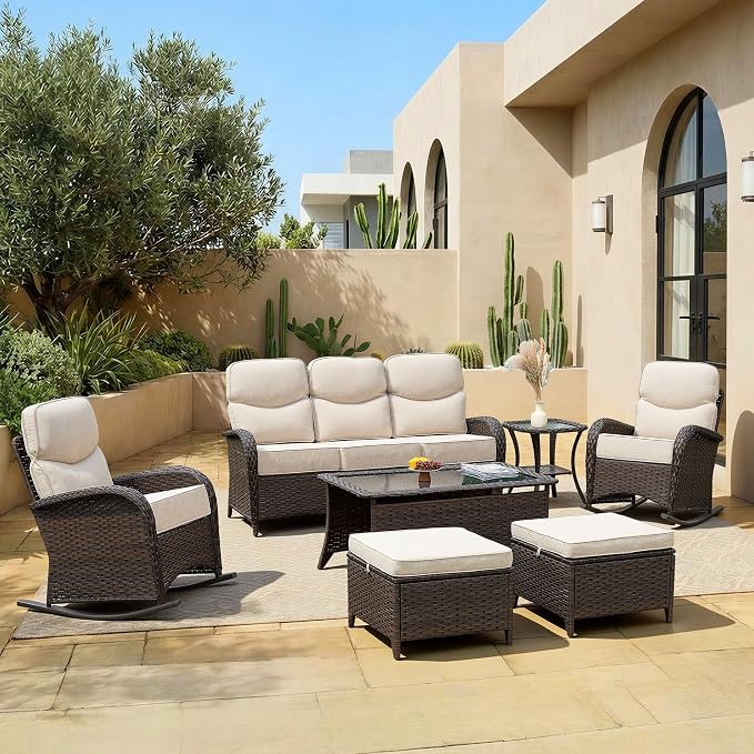 Luxury Patio Furniture Set with 6" Thick Cushions, High Back Outdoor Rocking Chairs, Ottomans and 3-seat Couch, 7 Pieces All Weather Conversation Set for Porch Deck Poolside Yard (Beige)