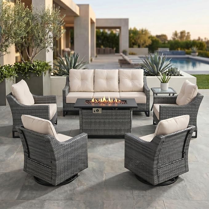 7-Piece Outdoor Patio Furniture Set, Grey Wicker Conversation Set with Sofa, 2 Swivel Chairs, 2 Chairs, Side Table and Rectangular 60,000 BTU Fire Pit Table, Beige Cushions