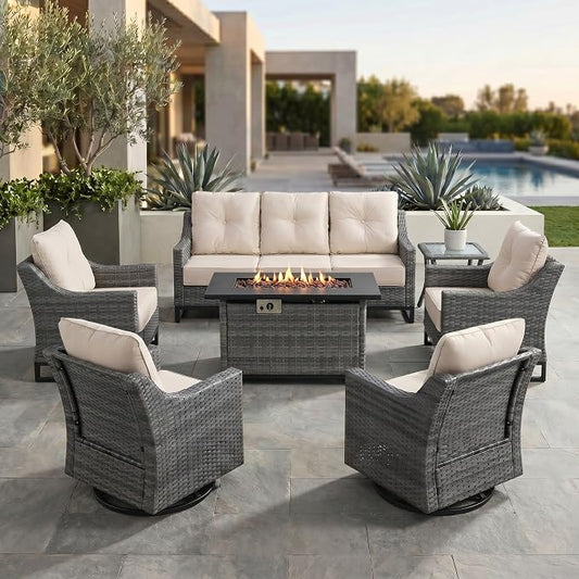 7-Piece Outdoor Patio Furniture Set, Grey Wicker Conversation Set with Sofa, 2 Swivel Chairs, 2 Chairs, Side Table and Rectangular 60,000 BTU Fire Pit Table, Beige Cushions
