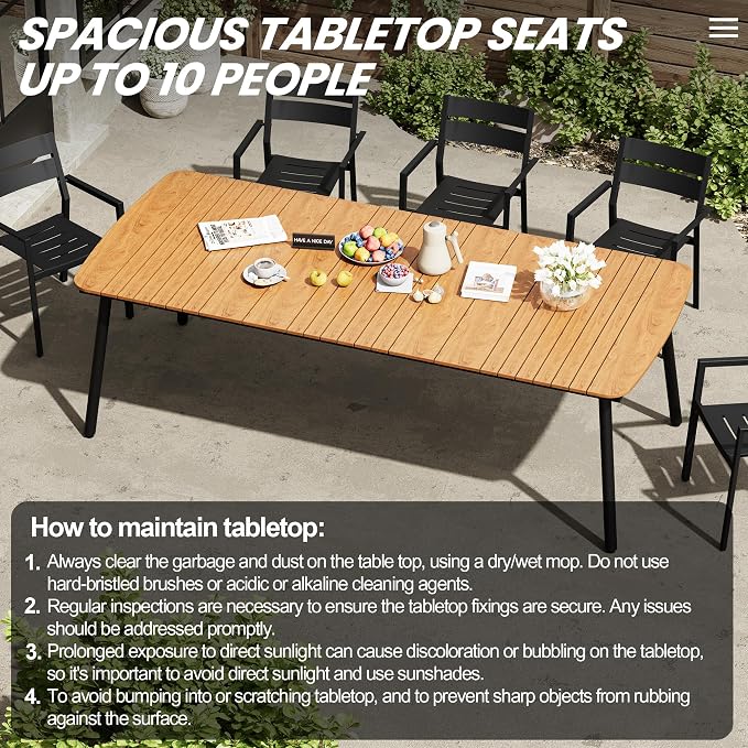 93" Outdoor Dining Table for 10 Brown Patio Dining Table with Umbrella Hole Rectangle Dining Table with Aluminum Frame and Waterproof Wood Grain Tabletop for Lawn Backyard Garden Poolside