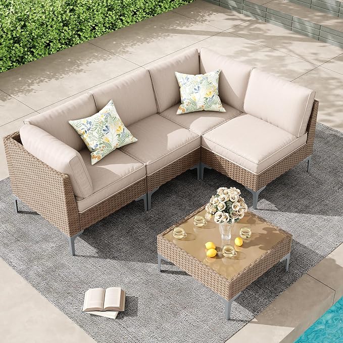 5 Piece Patio Furniture Set, Wicker Modular Outdoor Furniture with Thicker Cushions, Outdoor Couch Sofa for Garden, Poolside, Backyard, Beige