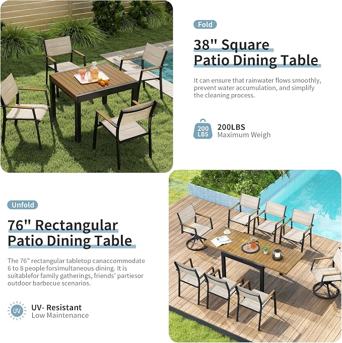 Expandable Patio Dining Table for 4-8 Person, Aluminum Extendable Outdoor Table, 38"-77" Adjustable Patio Table, Square/Rectangular Outdoor Accent Table for Garden, Backyard, Poolside, Teak