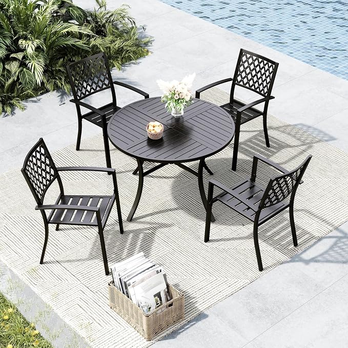 MFSTUDIO Round Outdoor Table and Chairs Set for 4 | Durable metal frame.Includes 4 chairs&patio table w/ umbrella hole.Perfect for deck,yard or patio.