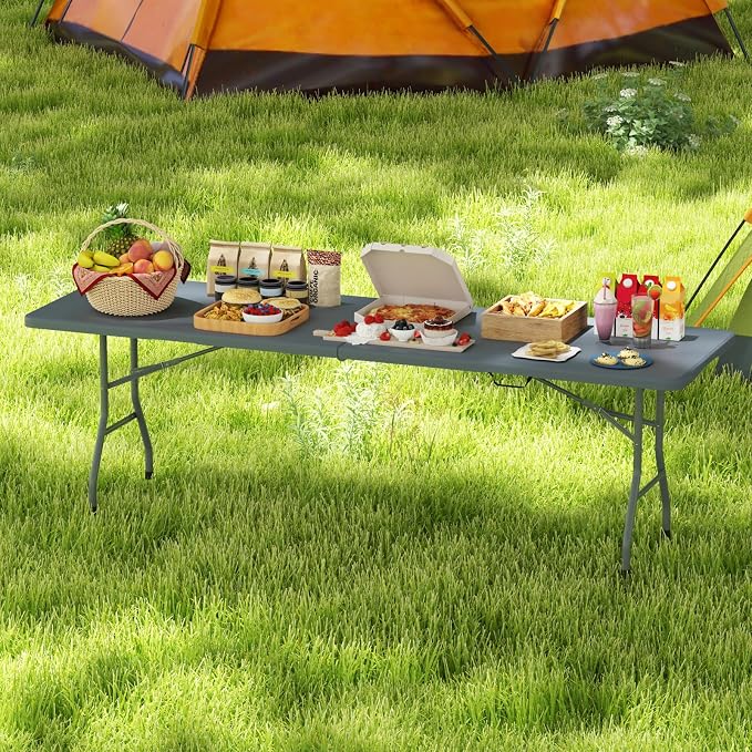 Tangkula 8 FT Folding Table, Indoor Outdoor Foldable Plastic Table with HDPE Tabletop, Sturdy Metal Fame, Carrying Handle, Heavy Duty Portable Fold-in-Half Picnic Table for Camping BBQ Party
