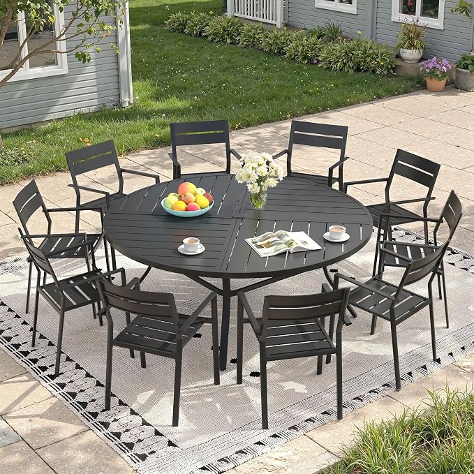 Patio Dining Set for 10, Round 63.1" Patio Dining Table and Stackable Outdoor Dining Chairs Outdoor Furniture for Backyard Porch Deck, Spliced Black Table and Black Chairs