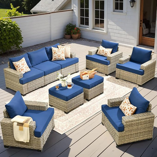 9 Pcs Outdoor Sectional Patio Furniture Set with Ottomans - All Weather Wicker Modular Outside Sectional Couch,Patio Seating Outdoor Conversation Sets for Deck Yard Garden,Navy Blue